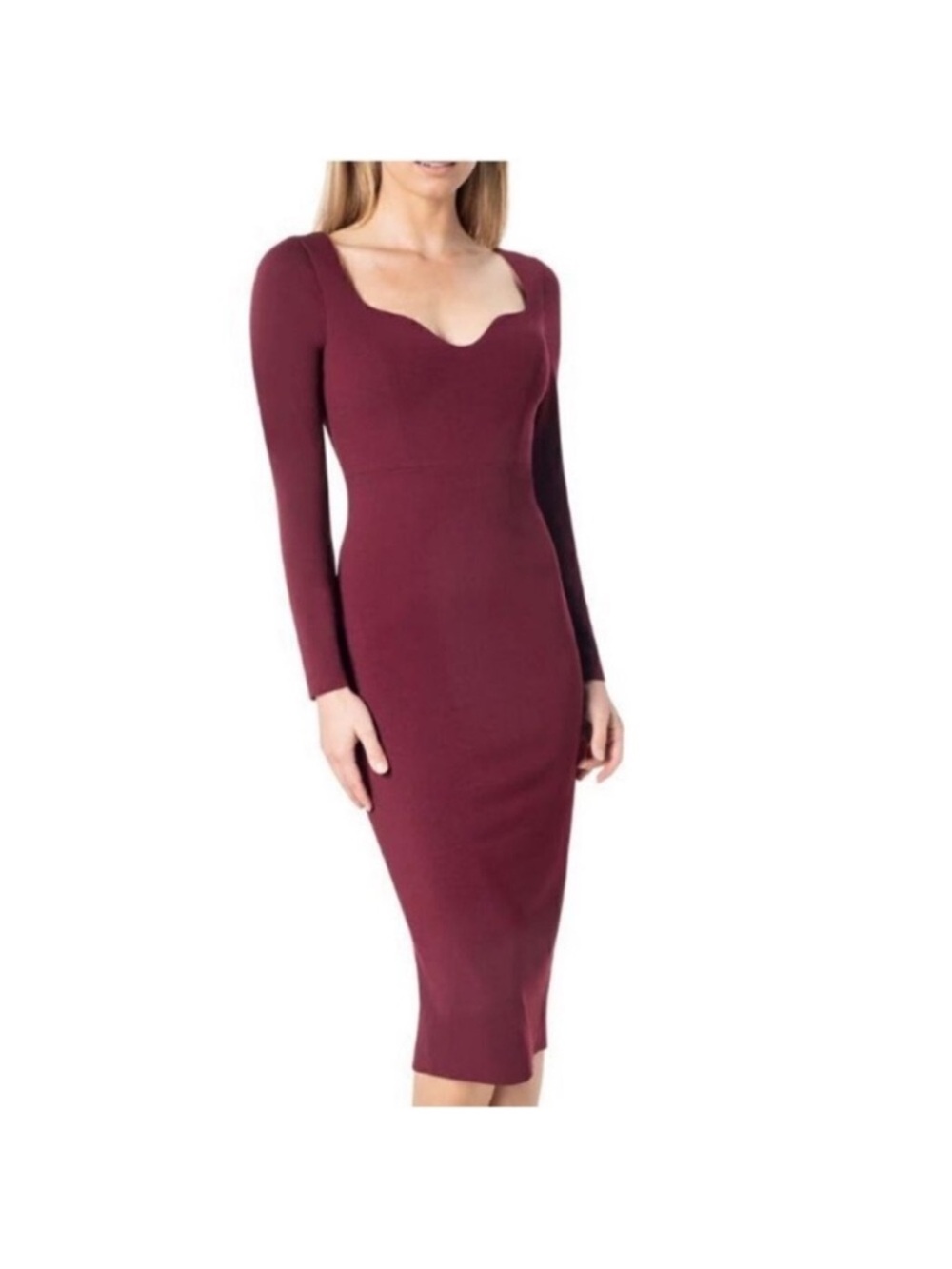 Dress the Population Burgundy Long Sleeve Sweetheart Midi Dress